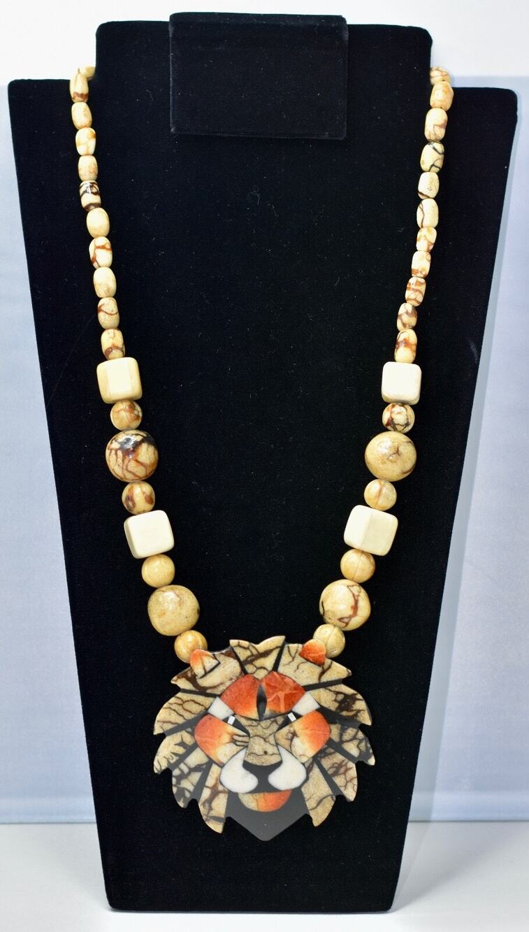 LEE SANDS Hawaiian Coral & Shell Mixed-Media Lion Head Inlaid Statement Necklace